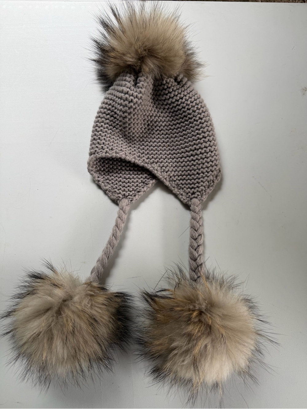 Kids Knit Earflap Hat with Fur Poms - Taupe